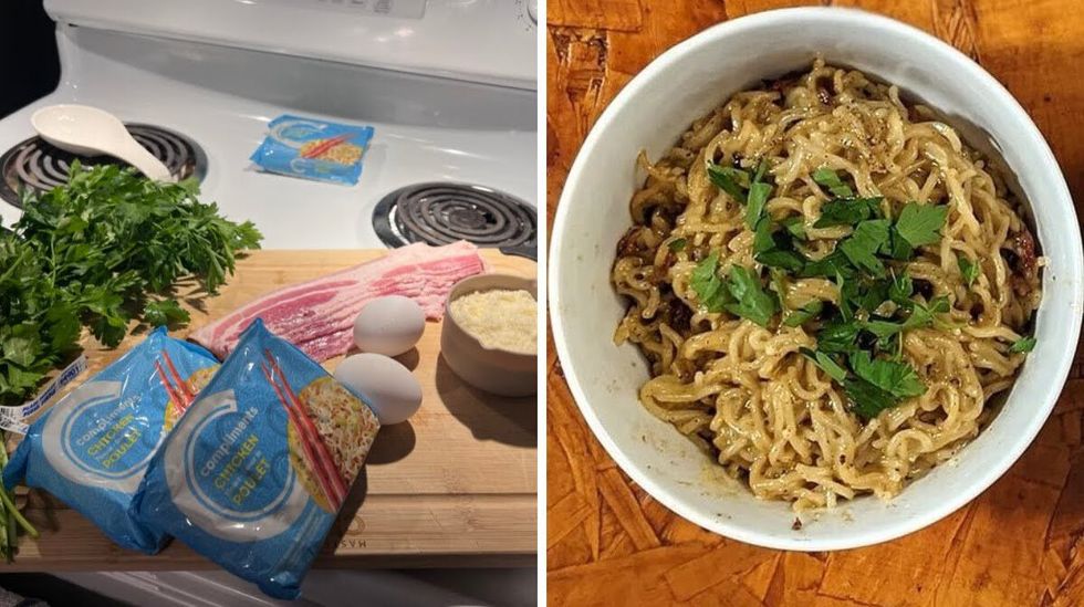 The ingredients for ramen carbonara arranged on a chopping board. Right: A bowl with cooked ramen carbonara.