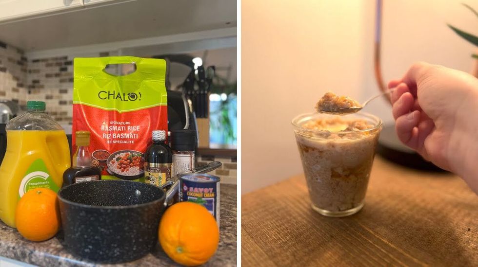 The ingredients for vegan coconut rice pudding arranged on a counter. Right: A serving of vegan coconut rice pudding.