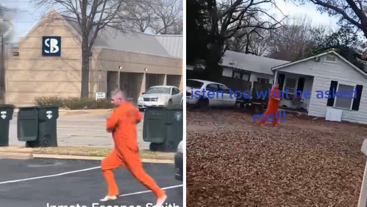 The inmate running in a TikTok video. Right: The inmate running in front of a house.