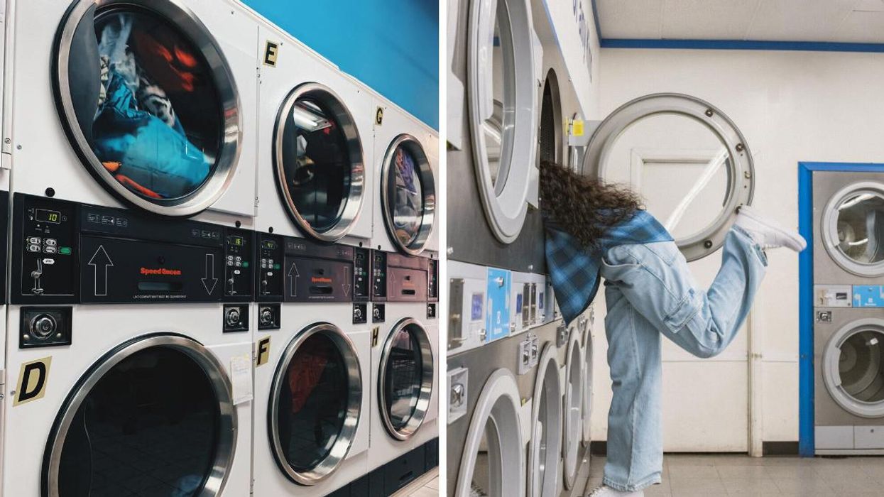 The inside of a laundromat. Right: A woman looking in a laundry machine.