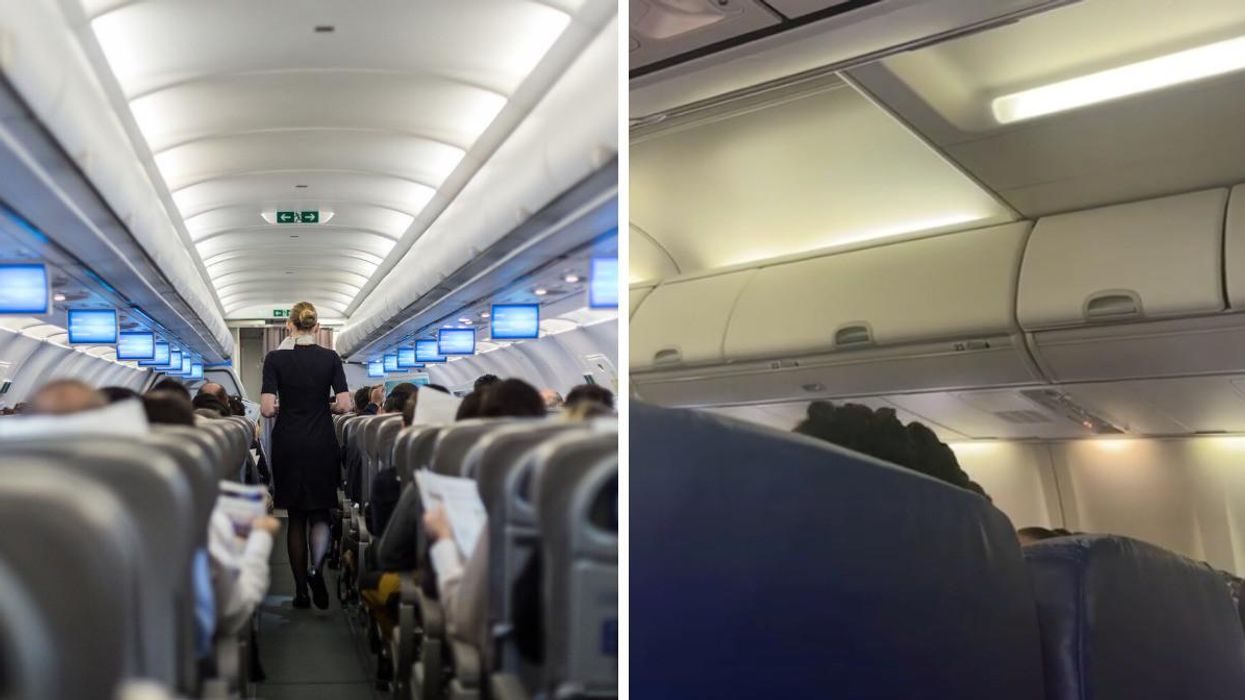 The inside of a plane. Right: A screenshot from the TikTok.