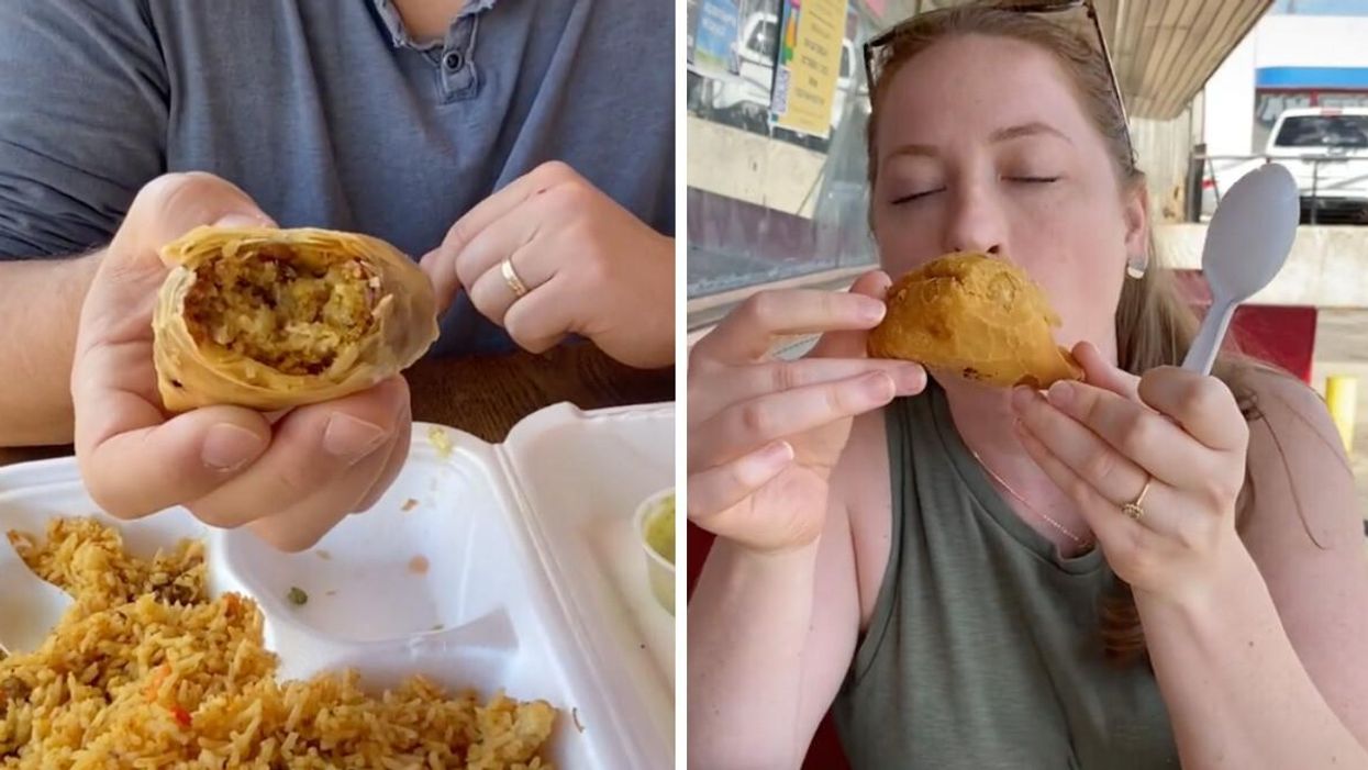 The inside of a samosa from Bismillah Cafe in Atlanta, GA. Right: A lady holding a samosa from Bismillah Cafe in Atlanta, GA.