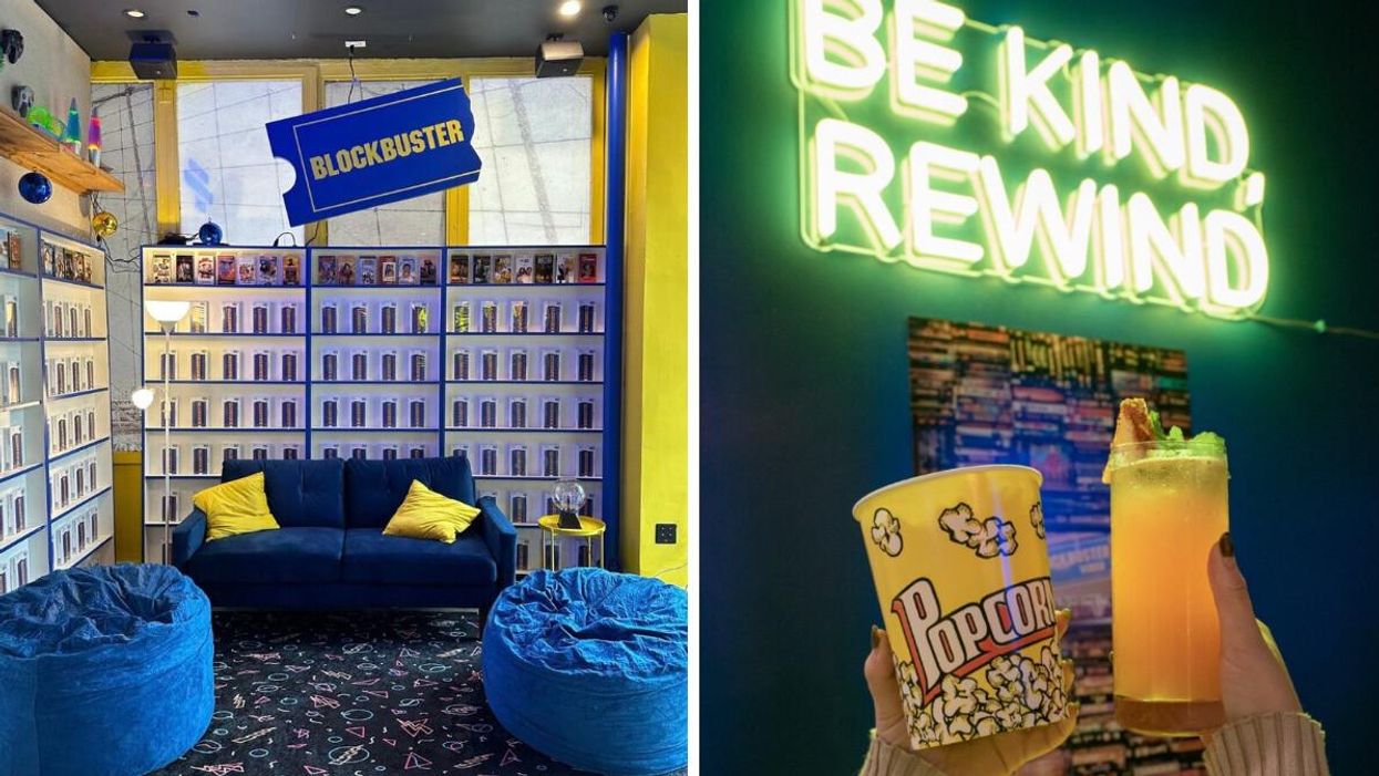 The inside of the Blockbuster bar. Right: Popcorn and a cocktail in front of a neon sign.