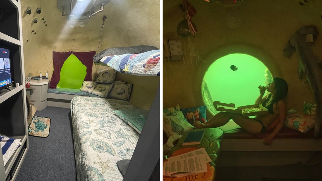 The inside of the hotel. Right: A woman eating pizza at the lodge.