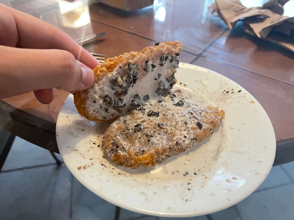 The inside of the icecream sandwich.