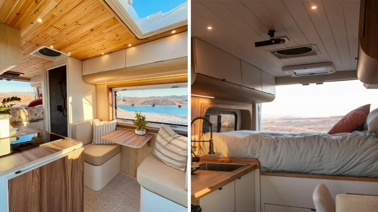 The inside of the van with large windows. Right: The van bed overlooking the window.