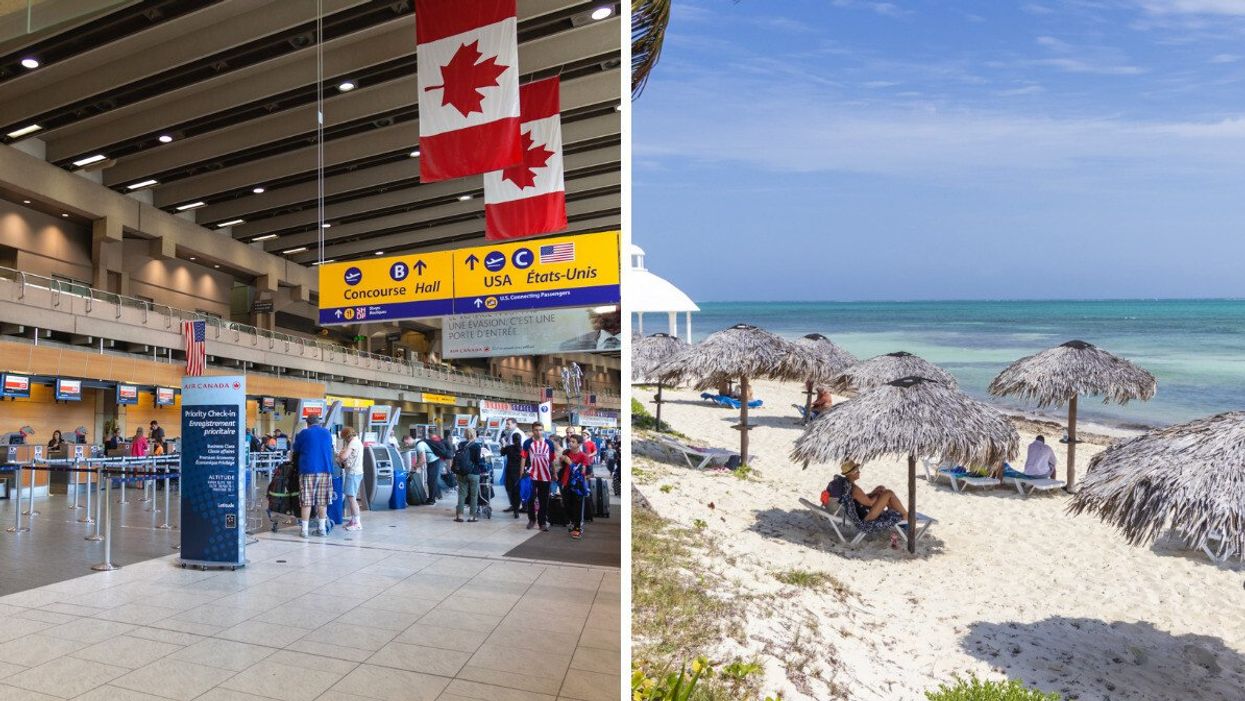 The interior of a Canadian airport. Right: A sandy beach in Cuba.