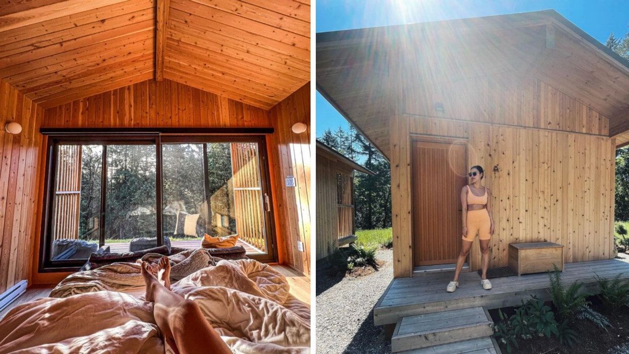 The interior of a cozy cabin at Kitoki Inn. Right: A woman smiles and poses beside a Kitoki Inn cabin.