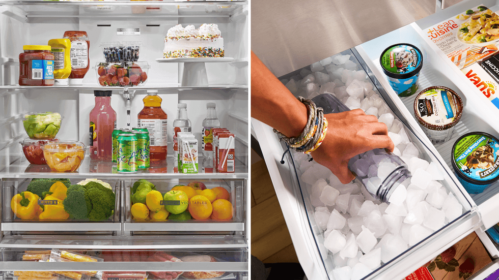 The interior of a fridge with vegetables, drinks, condiments and snacks. Right: A hand scoops ice cubes from a freezer drawer into a bottle.