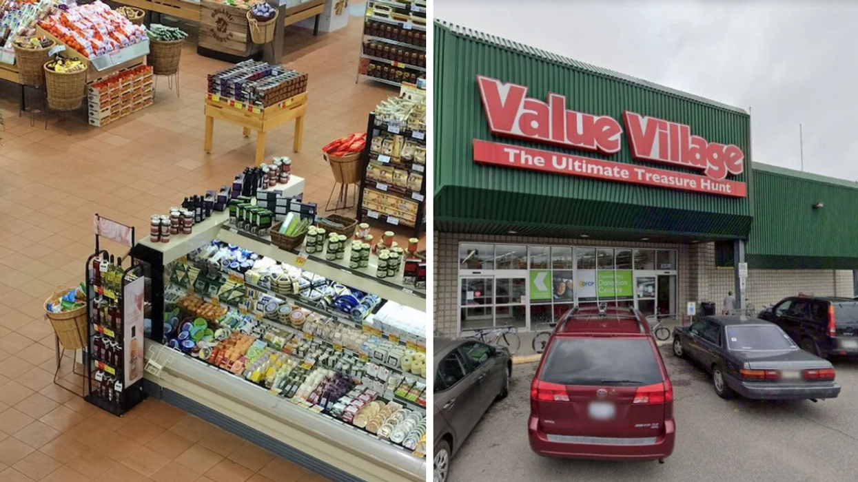 The interior of a grocery store in Montreal, Quebec. Right: A Value Village in Toronto.