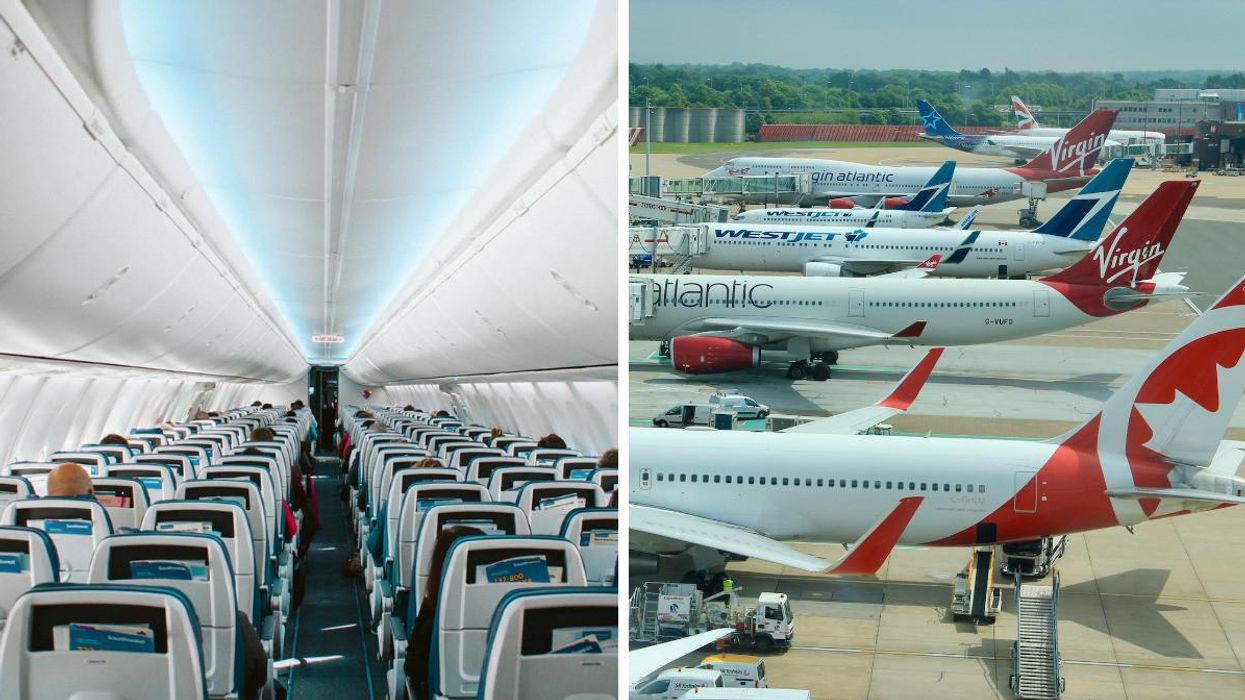 The interior of a plane. Right: Planes lined up outside an airport.
