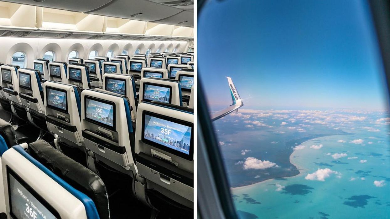 The interior of a WestJet plane. Right: The view out of a WestJet plane window.