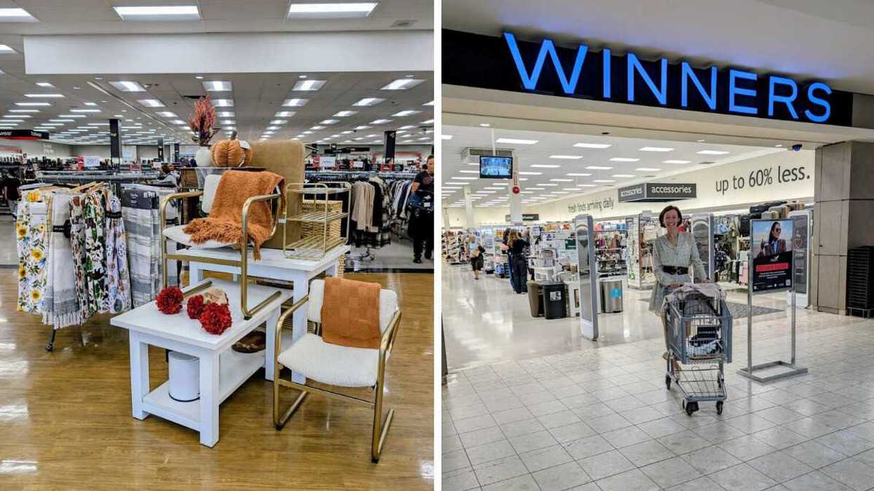 The interior of a Winners store. Right: Alona standing with a shopping cart in front of a Winners entrance.