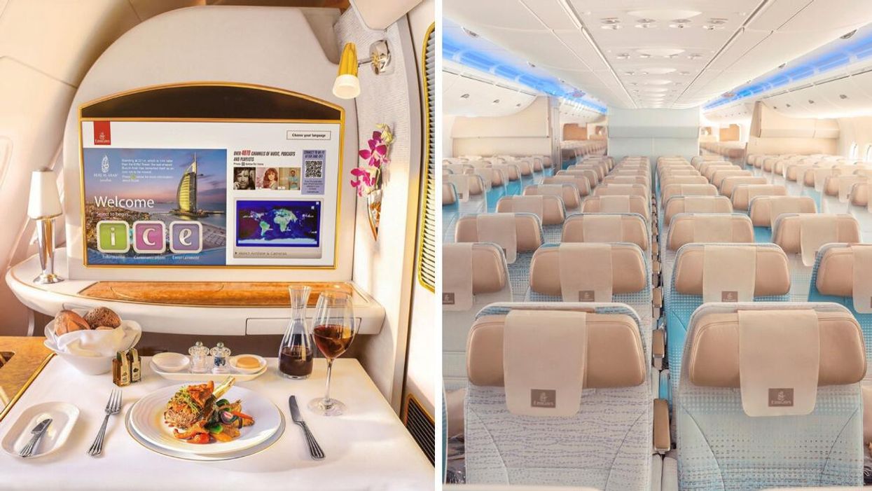 The interior of an Emirates plane. Right: The seats in Economy class on an Emirates plane.