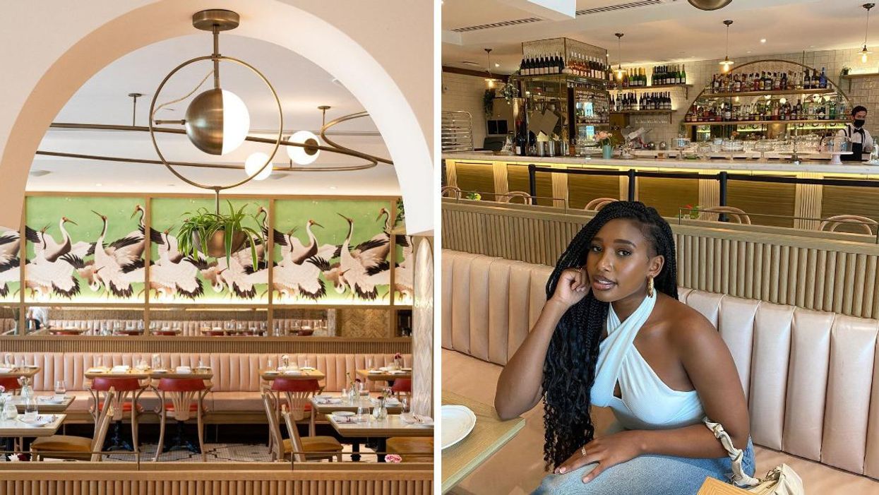 The interior of Café Lunette. Right: A woman sits at a booth in Café Lunette.