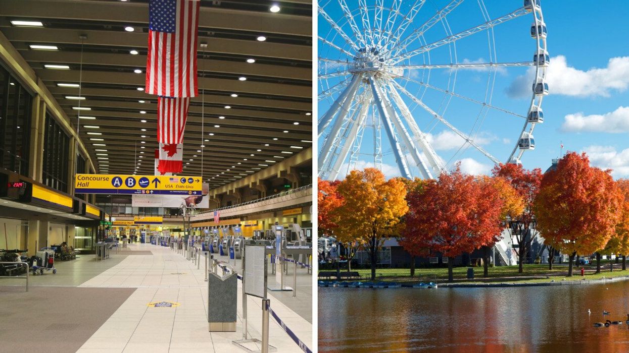 The interior of Calgary airport. Right: Montreal's iconic wheel surrounded by fall foliage.