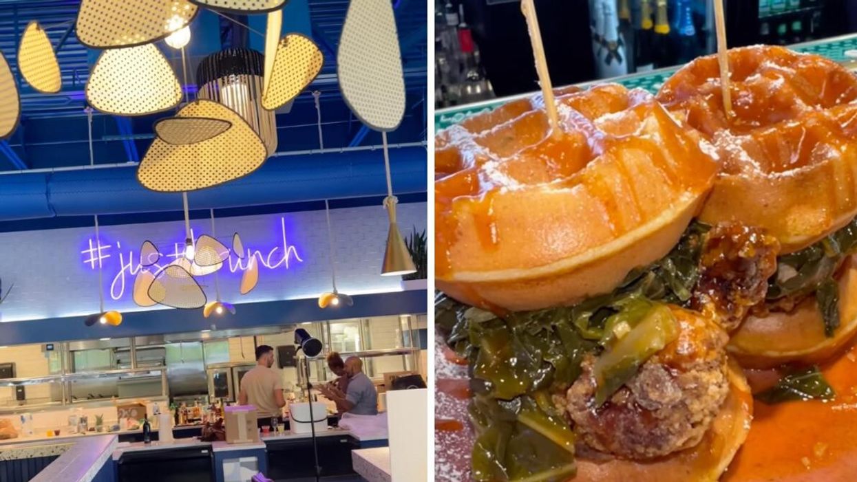 The interior of "Just Brunch" in Atlanta, GA. Right: A dish from "Just Brunch" in Atlanta, GA.