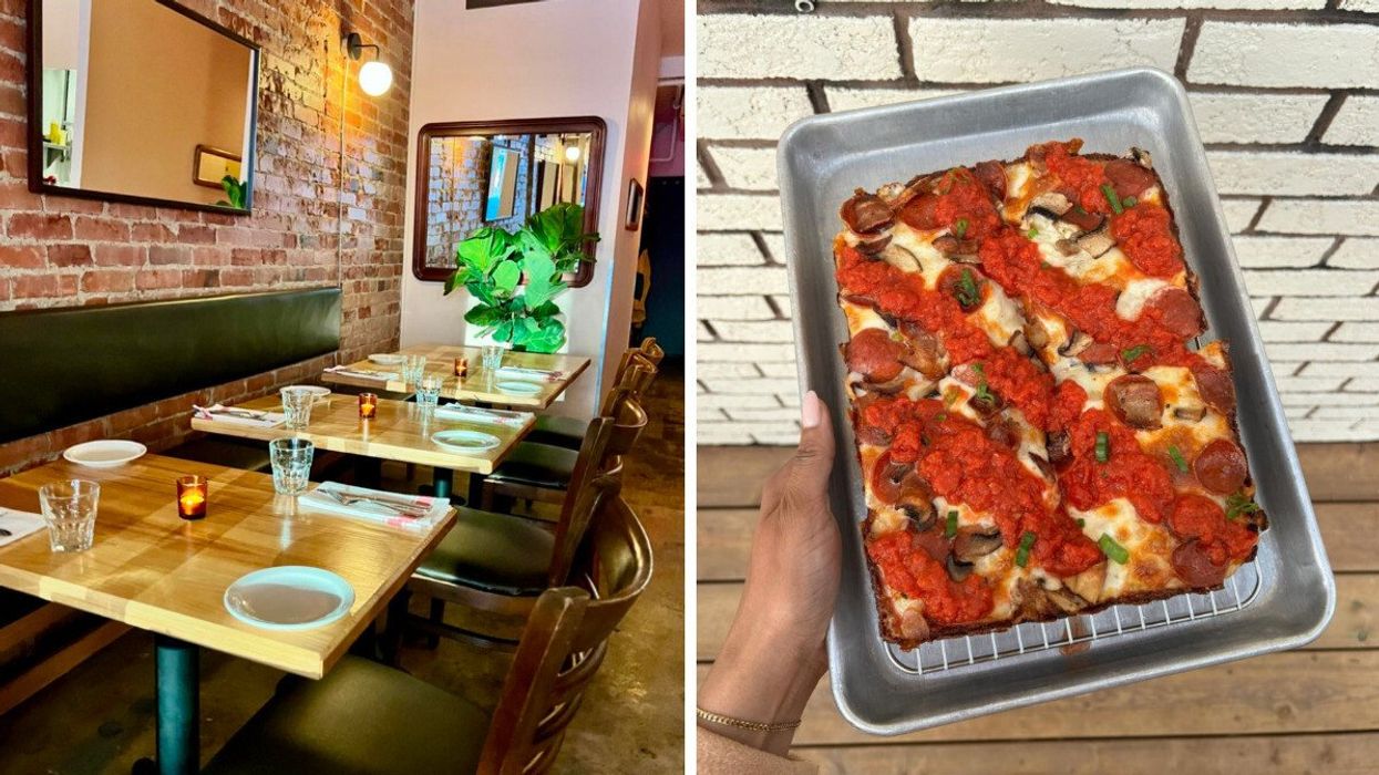 The interior of the Fall Bright Tavern in Toronto. Right: Pizza in a tray from Renaissance Pizza, Toronto.