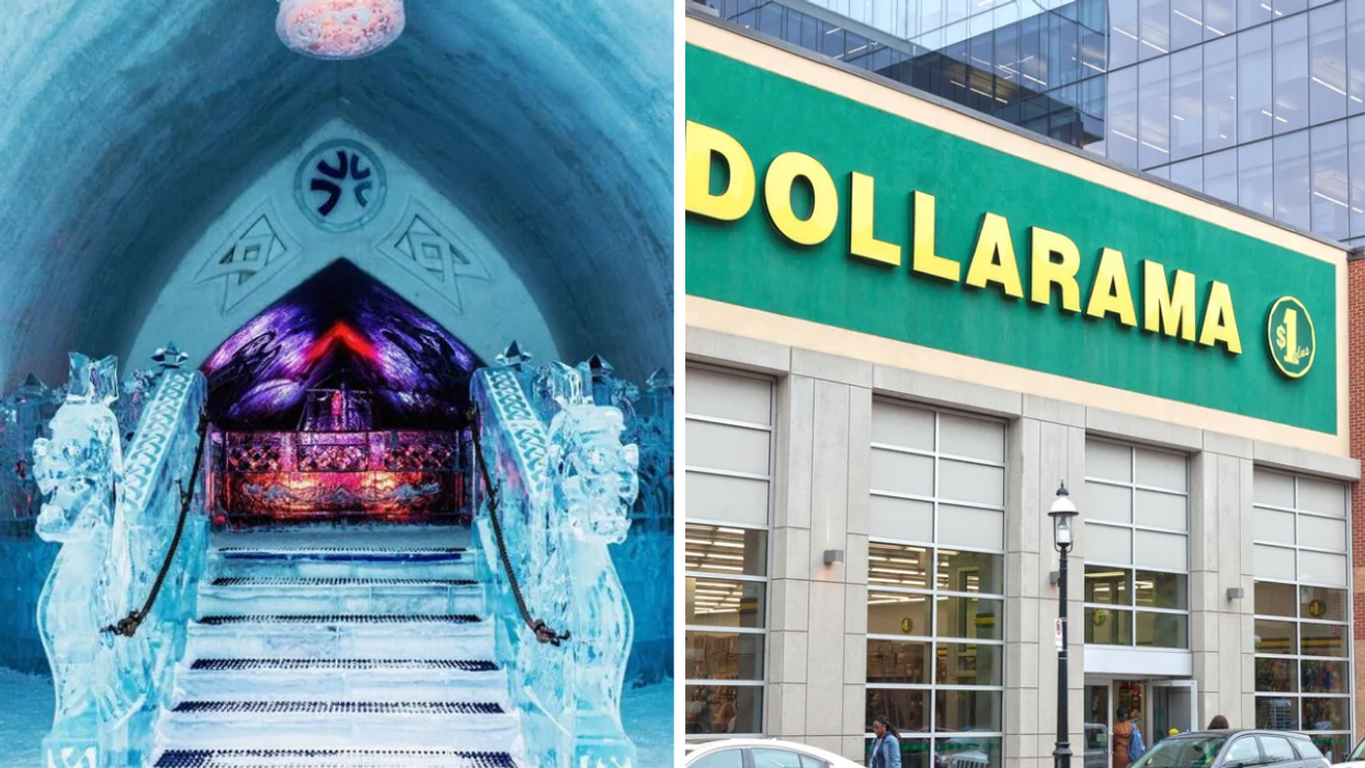 The interior of the Quebec's Hôtel de Glace. Right: The exterior of a Dollarama store.