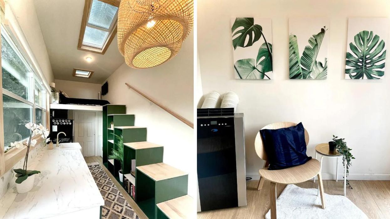 The interior of the tiny home with green accents and a skylight. Right: The sitting arrangement is inside the boho tiny home with botanical paintings and a mini fridge.