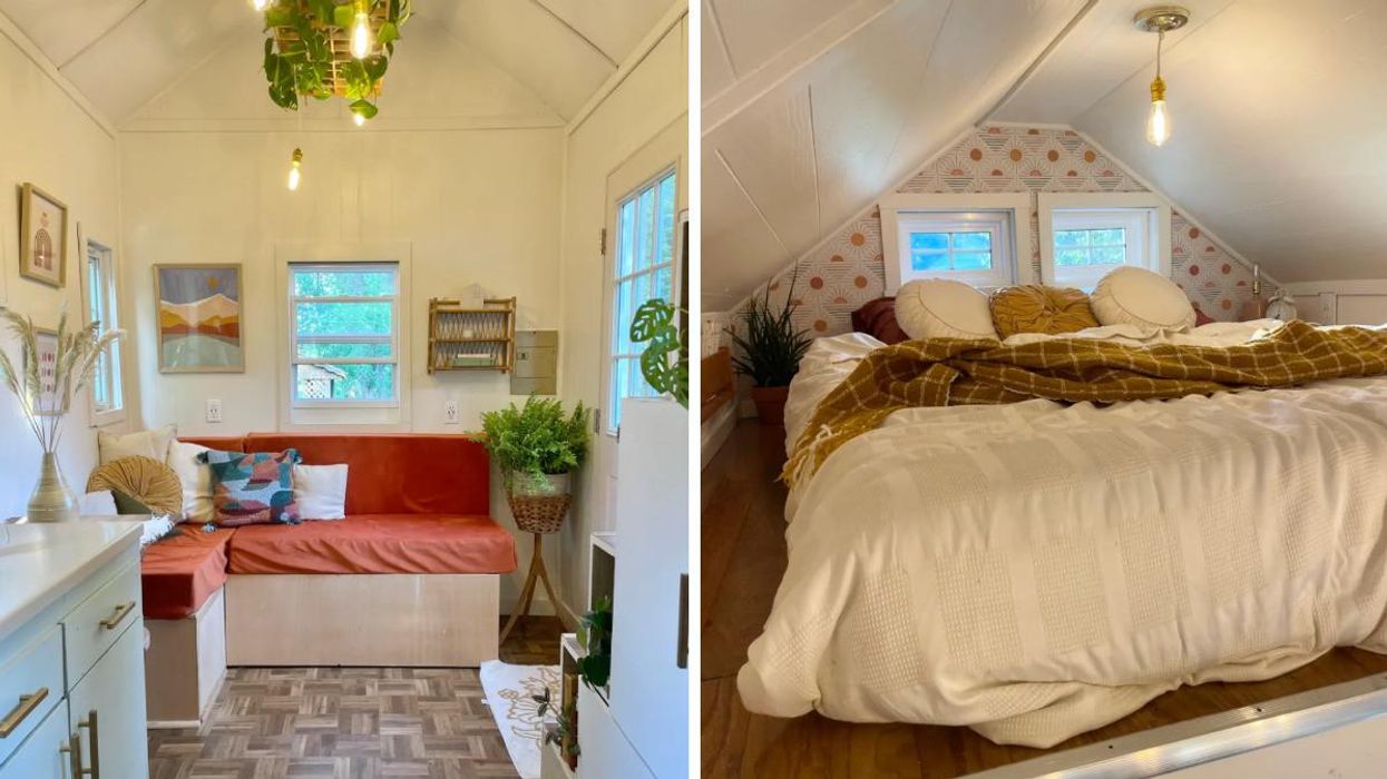 The interior sitting area of the tiny home with a plant chandelier. Right: The lofted bedroom in the tiny home.