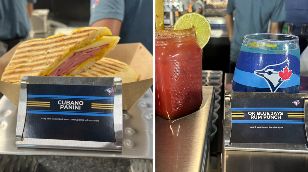 The Jays' new Cubano Panini. Right: The Keg Caesar and the OK Blue Jays Rum Punch in a souvenir glass.