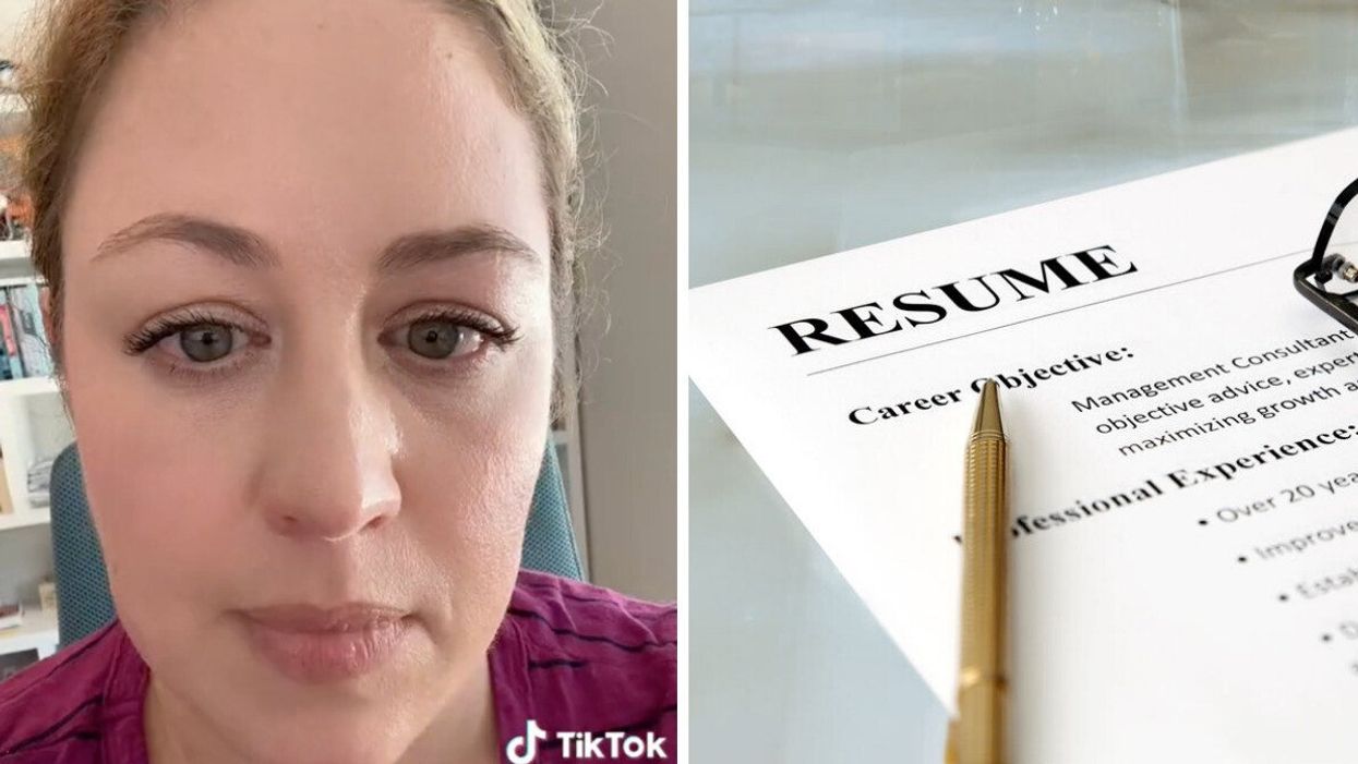The job recruiter explaining her resume tips in a TikTok video. Right: A resume.