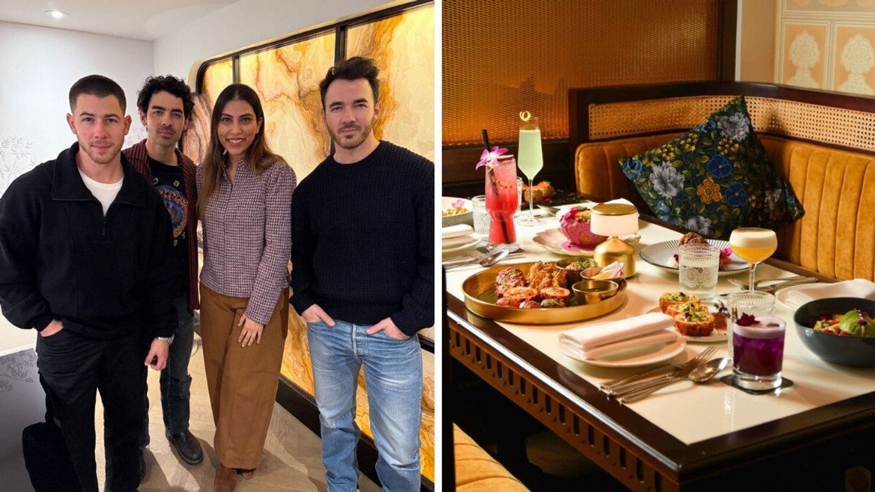 The Jonas Brothers posing for a photo. Right: A restaurant with food on the table.