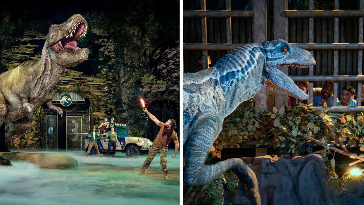 The Jurassic World Live Tour. Right: A dinosaur at Jurassic World: The Exhibition.