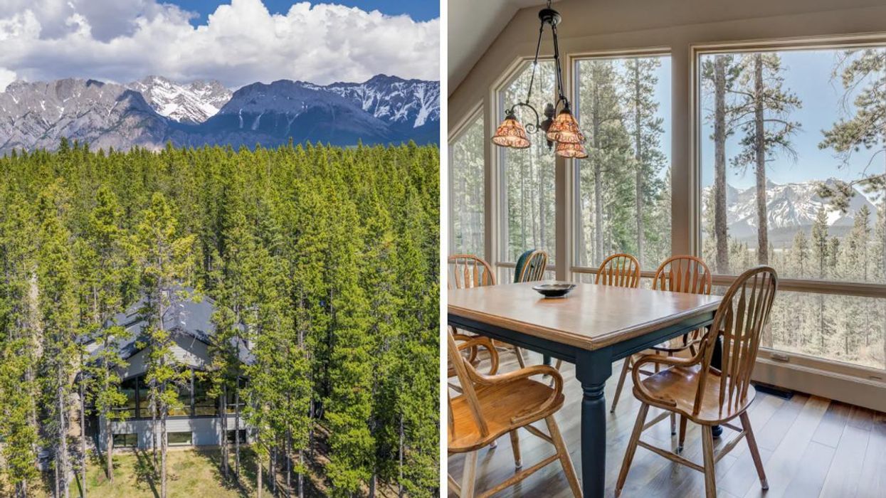 The Kananasksis house is set in a forest. Right: Mountains are visible out of a large window.