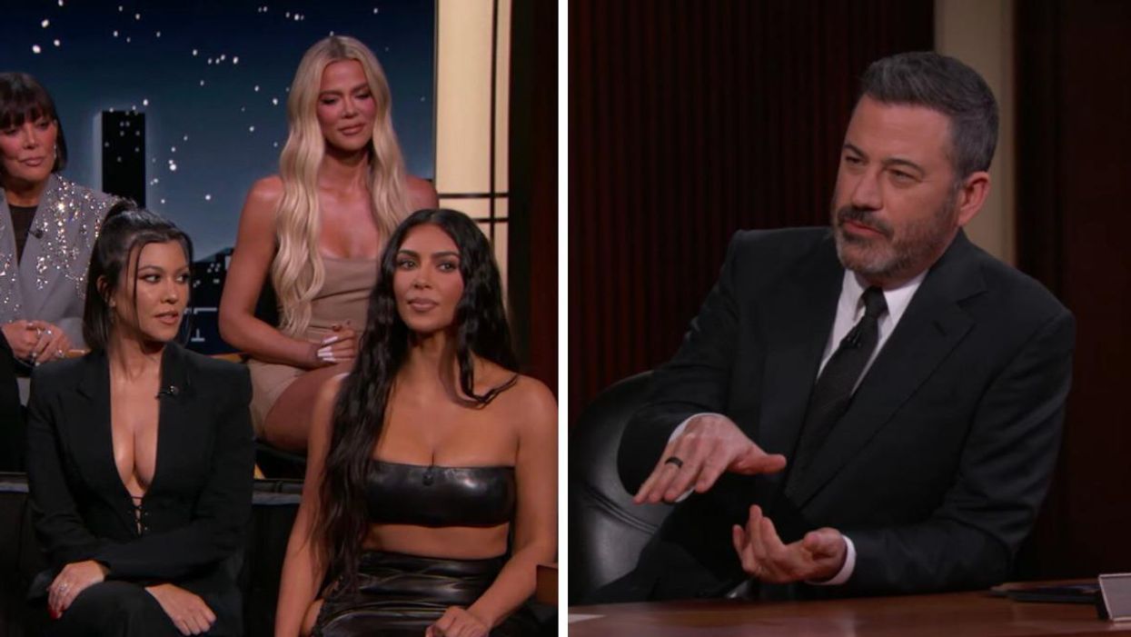 The Kardashians and Kris Jenner on Jimmy Kimmel's Live. Right: Jimmy Kimmel.