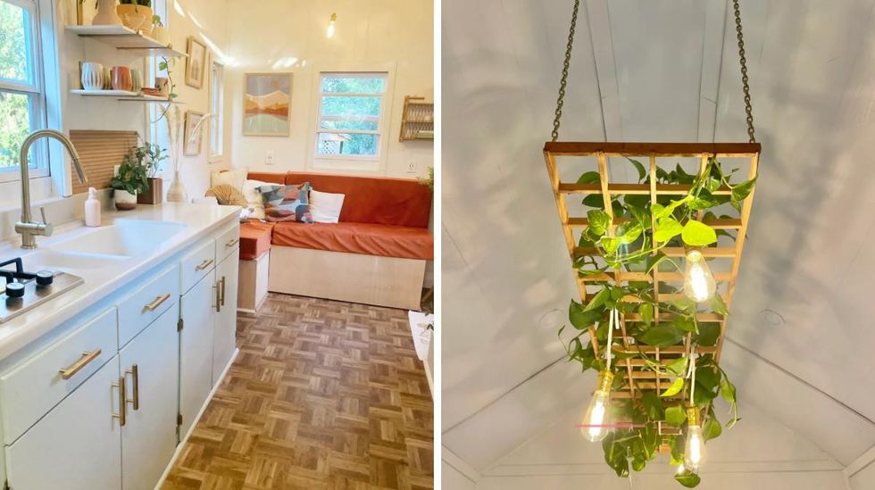 The kitchenette in the tiny home. Right: The custom build chandelier and plant hanger. 