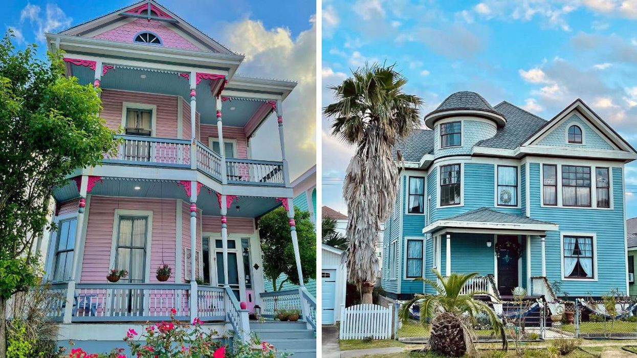 The Kleinecke House in Galveston, TX. Right: A blue Victorian-style house in Galveston, TX.