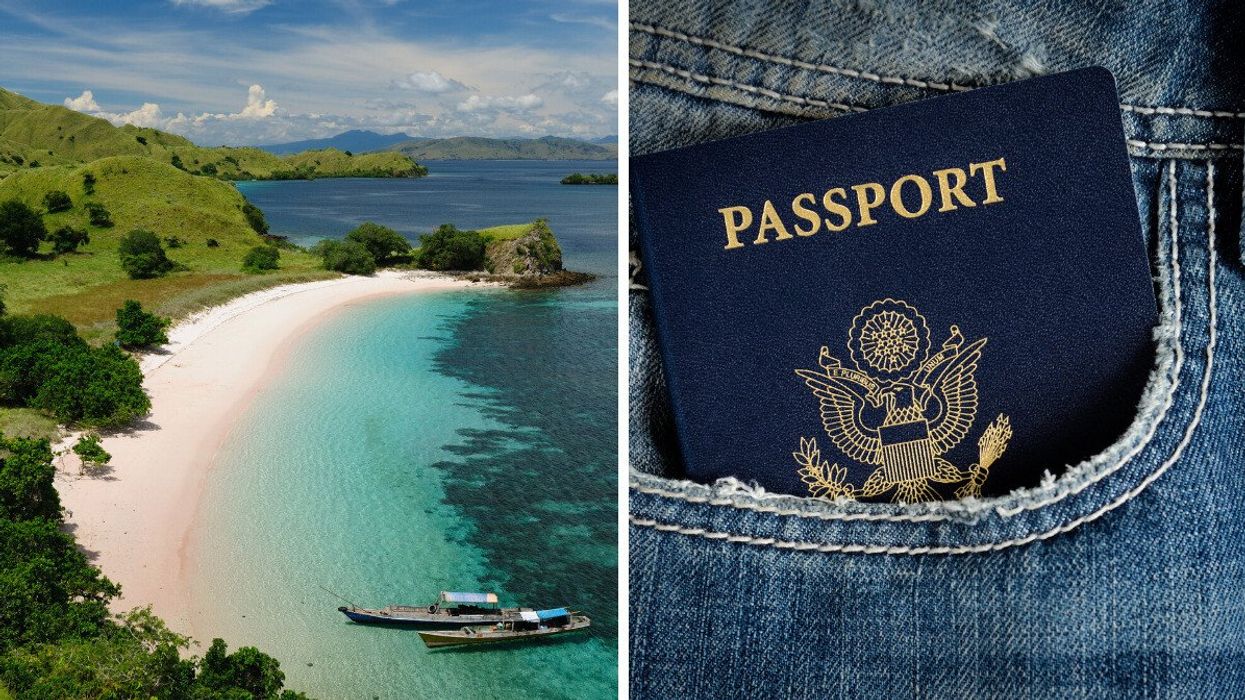 The Komodo National Park in Indonesia. Right: A United States passport inside a pocket.