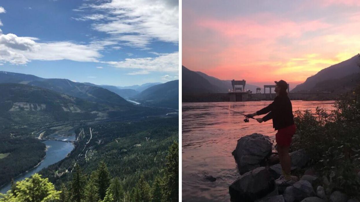 The Kootenay valley. Right: Tristan fishing in his home town.