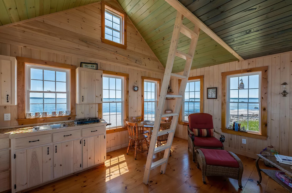 The ladder in the living area of the cottage on Duck Ledges Island.