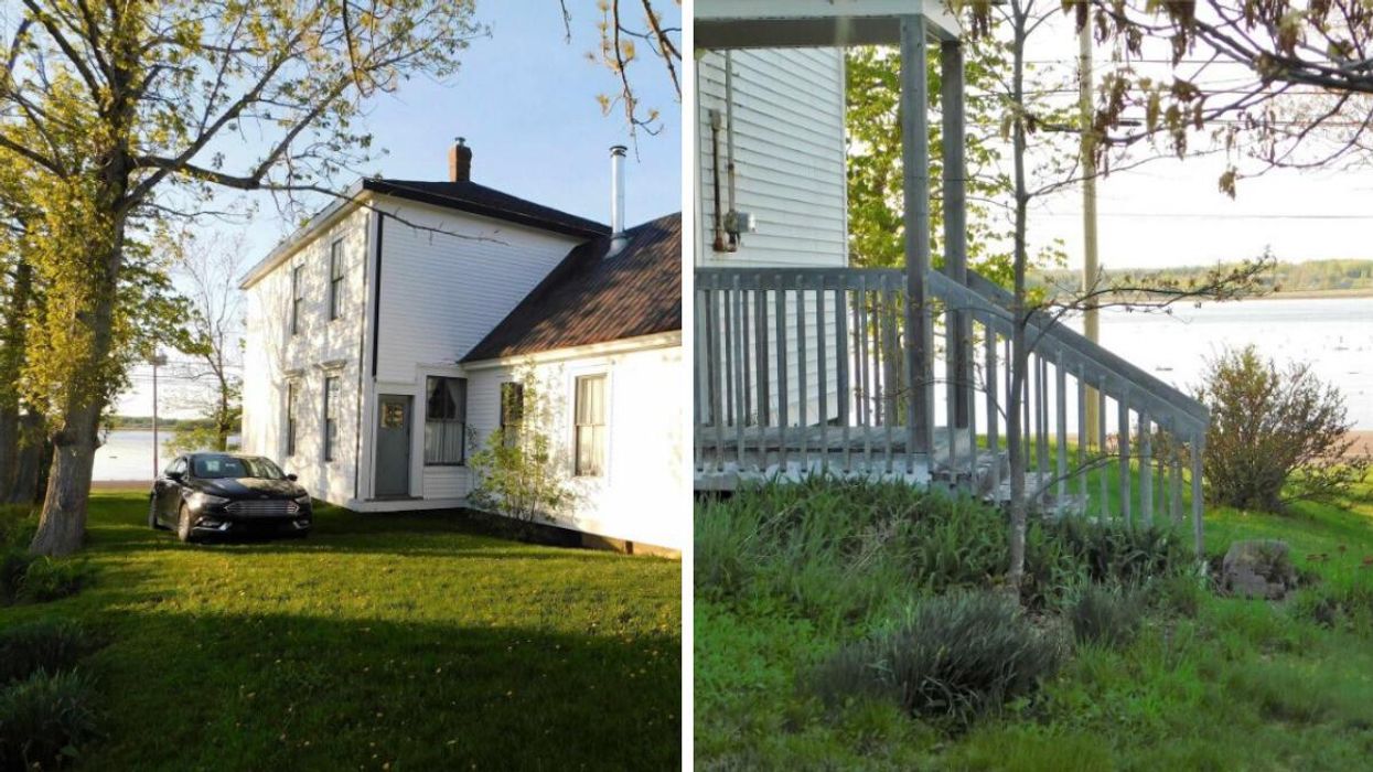 The large and white oceanfront property with it's view of the ocean. Right: A view of the water along with a porch on the side of the house.