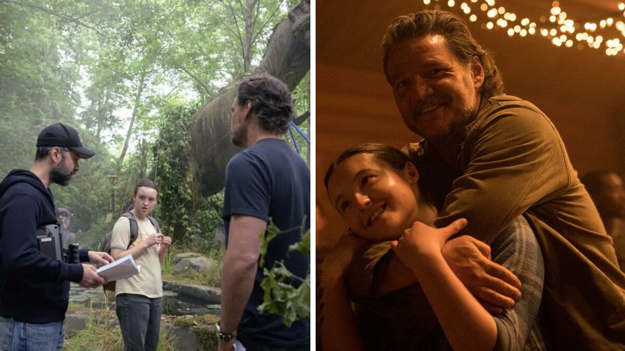 The Last of Us cast filming. Right: The Last Of Us stars Pedro Pascal and Bella Ramsey.