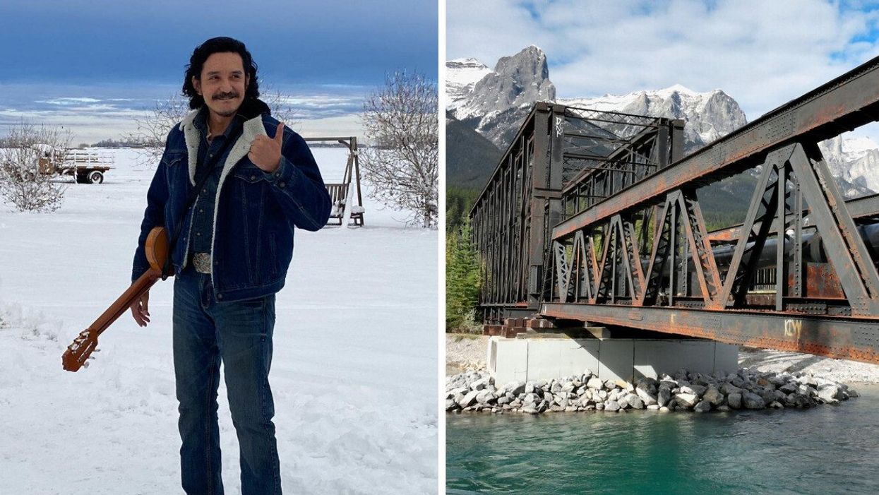 The Last Of Us star Gabriel Luna in Canmore. Right: Canmore Engine Bridge.