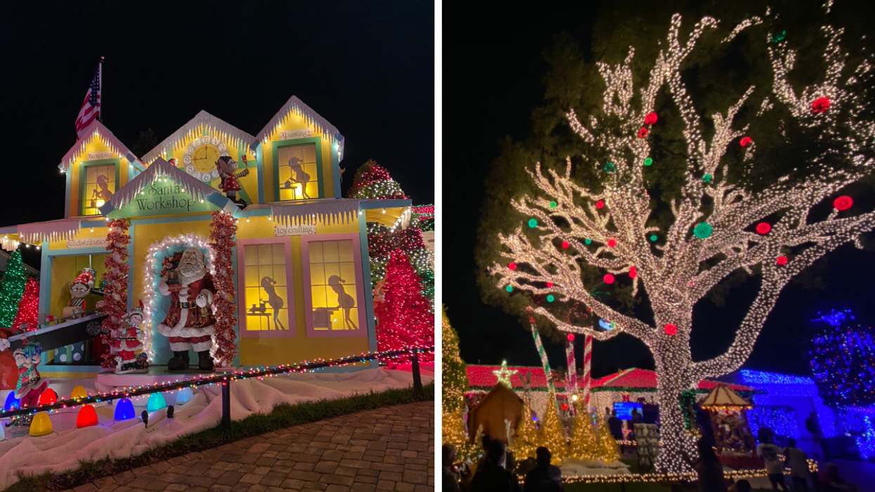 The light decorations at the house. Right: The tree all lit up.