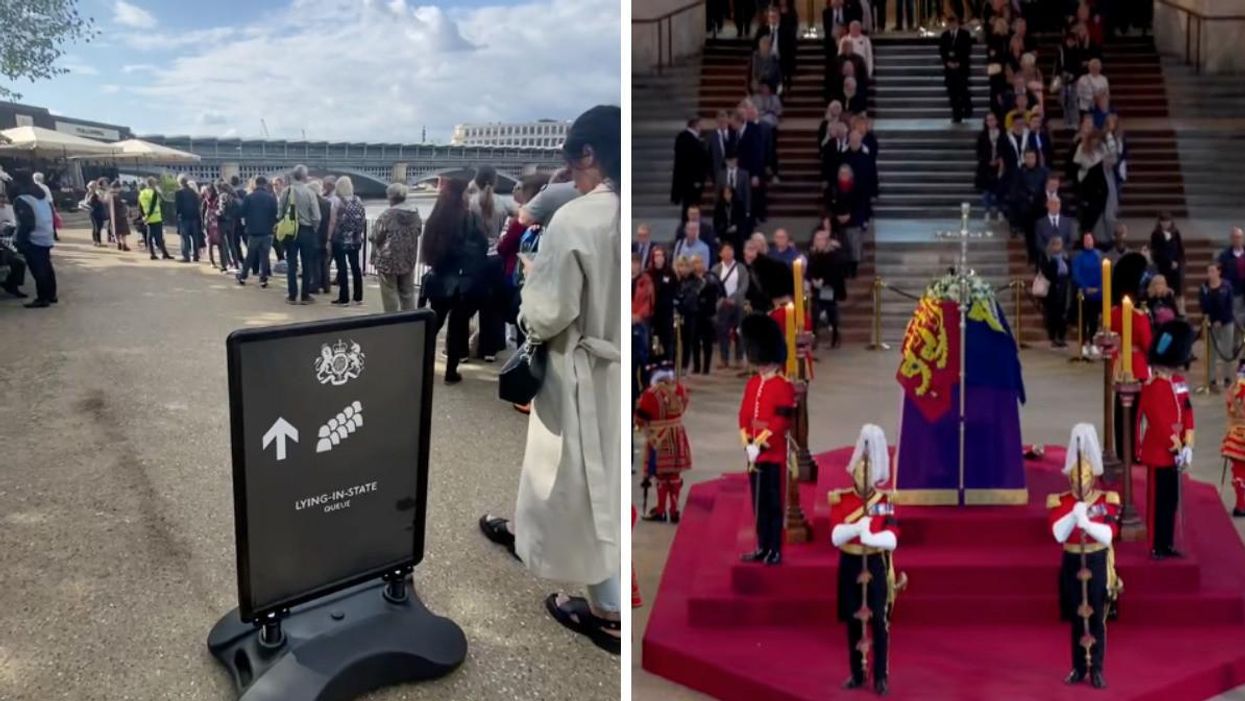 The lineup to see Queen Elizabeth II's coffin. Right: The end of the line and the queen's coffin.