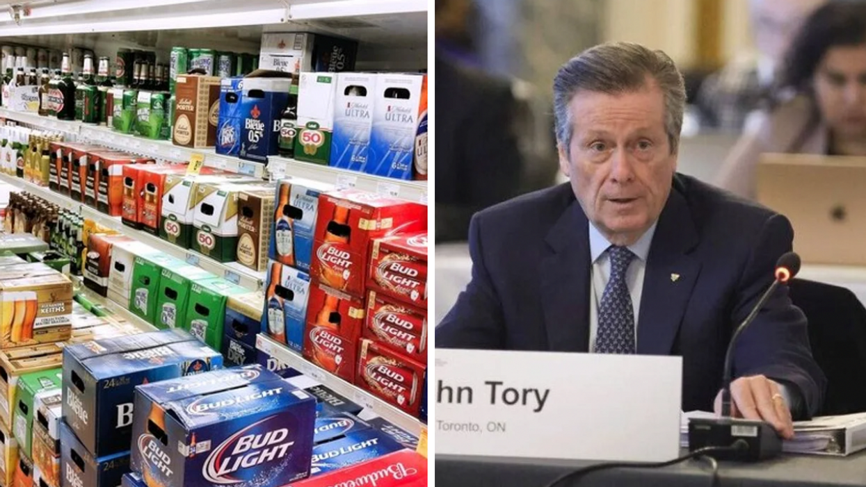 The liquor section of a store in Montreal. Right: Former Toronto mayor John Tory.