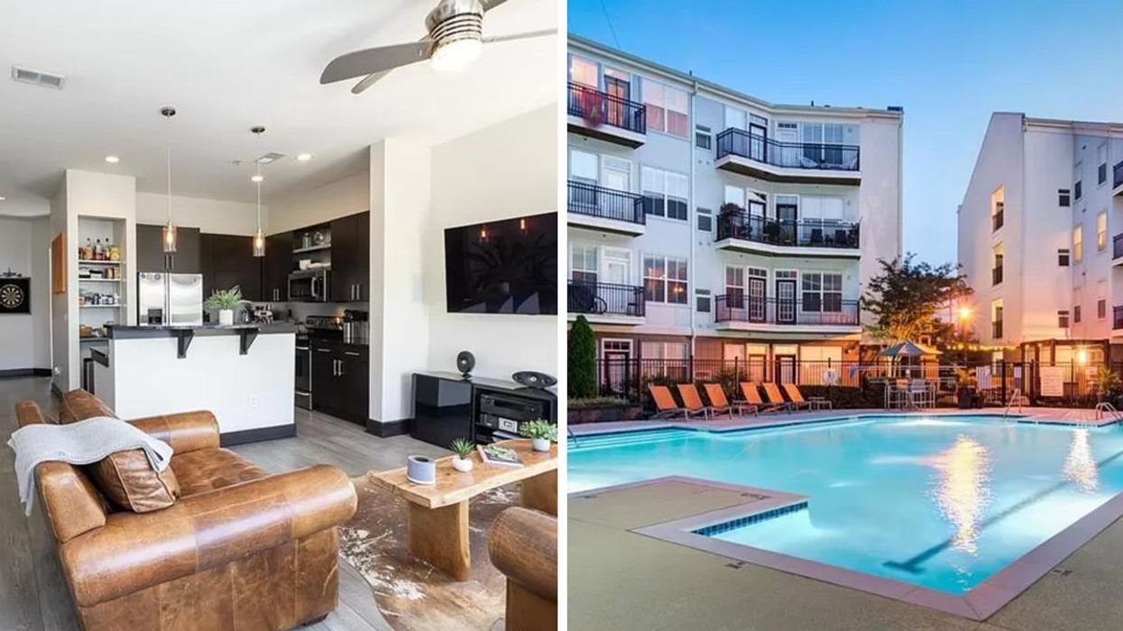 The living area at 747 Ralph McGill Blvd. Right: The outdoor pool at Block Lofts.