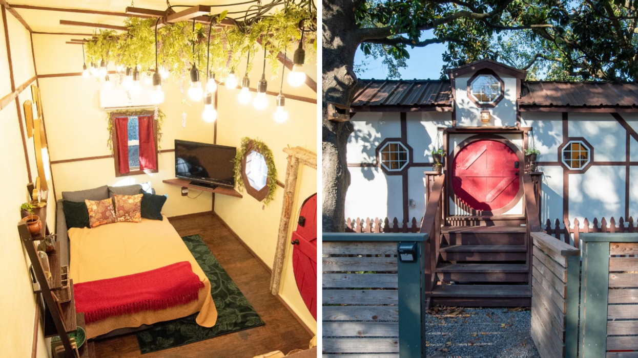 The living area inside Hobbit's Hollow. Right: The exterior of Hobbit's Hollow.