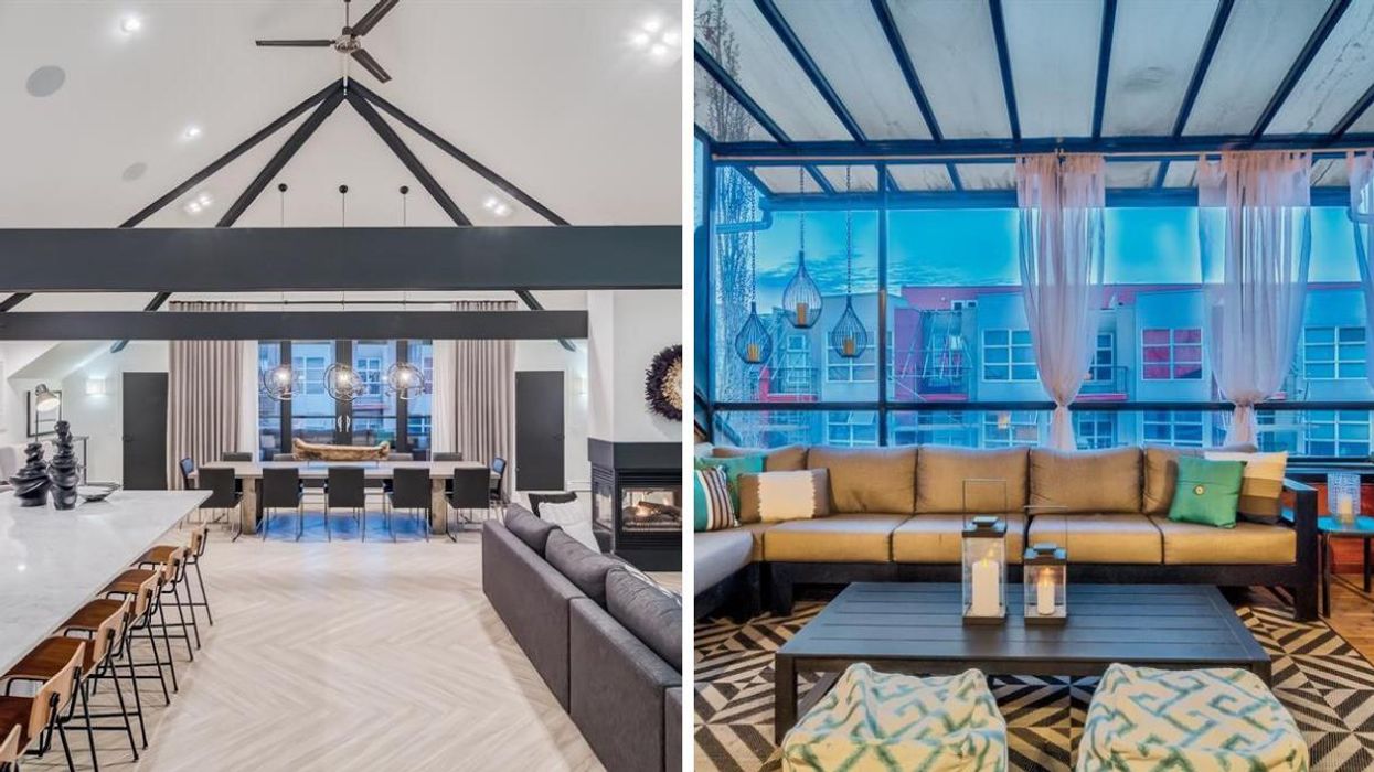 The living, kitchen dining area in the penthouse. Right: The penthouse's outside patio.