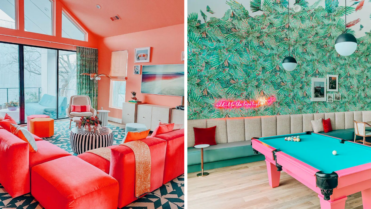 The living room of the Dallas Airbnb. Right: The pool table and a neon sign inside the Dallas Airbnb.