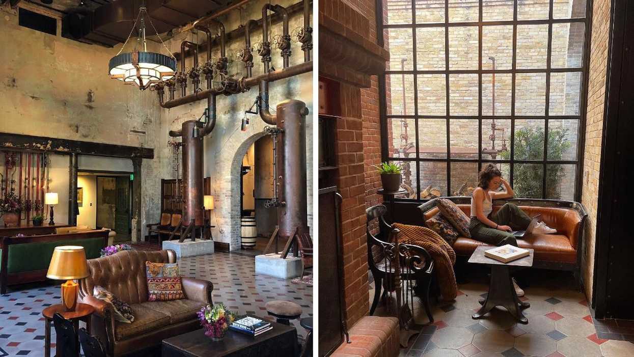 The lobby of Hotel Emma. Right: A woman uses her laptop at Hotel Emma.