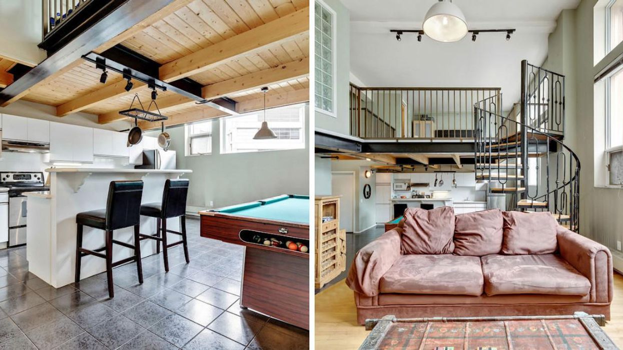 The loft's kitchen has wooden beams. Right: A spiral staircase leads from the living room to the bedroom.