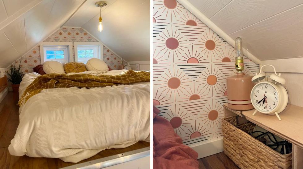 The lofted bedroom in the tiny home. Right: The wallpaper and side table in the bedroom.