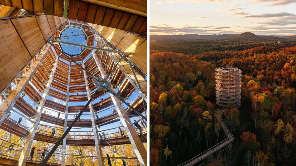 The lookout tower at the Sentier des cimes Laurentides in Quebec. Right: An aerial view of the lookout tower.
